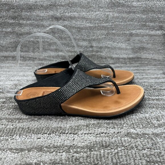 FitFlop Womens Banda Glitz Black T-Strap Sandals Size 10 - Picture 1 of 7